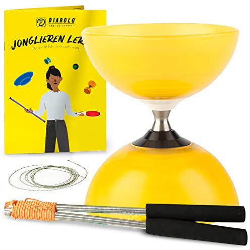 Diabolo Freizeitsport - Diabolo Set de Jonglage Professionnel - Roulement à Billes- Jaune - Baguettes en Aluminium - Ficelle de Remplacement Supplementaire - Guide inclu - pour PROFIS - Profi Set