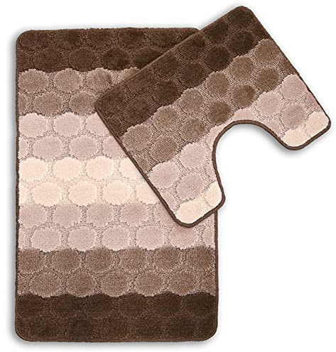 Velosso Non Slip Striped 2 Piece Bath Mat & Pedestal Mat Greek Key Plain Colours (Hex Latte)