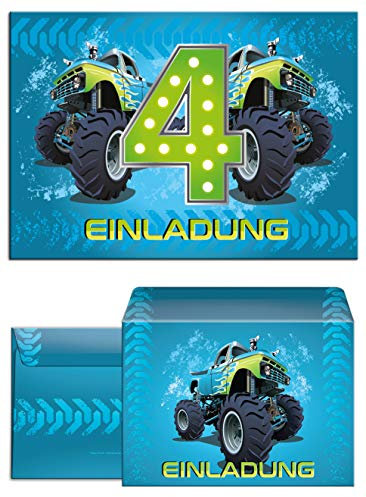 JuNa-Experten 12 Einladungskarten incl. 12 Umschläge 4. Geburtstag Kinder Junge Monstertruck blau/Monster-Truck/Auto/Einladungen zum vierten Kindergeburtstag für Jungen
