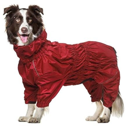 Geyecete -Regenmantel für hunde mit vier Beinen,Hunde Regenjacken Hosenanzug mit Geschirr loch, reflektierender vollwickel elastisch wasserdicht mantel fur Groß mittel und klein hunde -Rot-L