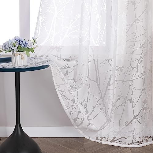 Delien Rideau en voile dévoré - Avec motif branches - Transparent - Avec passants - Pour salon - 140 x 225 cm - Blanc