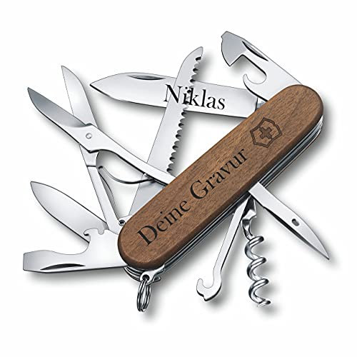 Victorinox Couteau de Poche en Bois avec Gravure Personnalisée, Cadeau pour Hommes Femmes, Anniversaire, Suisse, Poignée Lame - Huntsman Bois