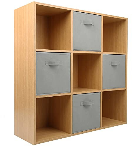 Charles Jacobs Oak 9 Cube Storage Shelving Unit + 4 Grey Fabric Drawers