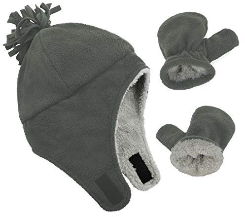 Durio Baby Mütze und Handschuhe Set Junge Wintermütze und Fäustlinge Warmes Gefütterte Fleece Mütze Kappen Ohrenklappe Kleinkind Kinder Mädchen Dunkelgrau 3-12 Monate