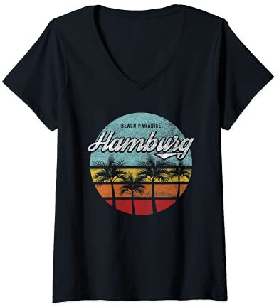 Damen Hamburg I Beach Retro Palmen Plastik Strand City T-Shirt mit V-Ausschnitt