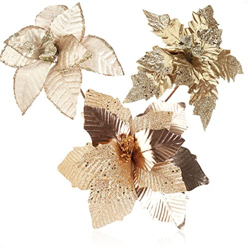 com-four® 3X Weihnachtsstern Deko-Gesteck, Kunstblumen als tolle Weihnachtsdekoration, schöner Raumschmuck, auch für Kränze und Blumenarrangements (goldfarben)