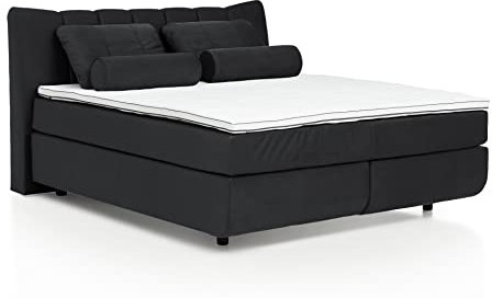 Mivano Free Boxspringbett mit Durchgehender Matratze (H2) und Basic Topper, Velours Cosy Anthrazit, Liegefläche 140 x 200 cm