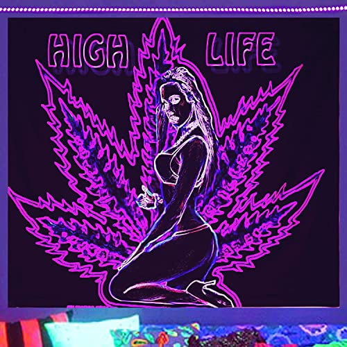 LCFHOME Schwarzlicht-Unkraut-Wandteppich, UV-reaktiver Trippy psychedelischer Marihuana-Wandbehang, Neonblätter, schwarze Damen-Hanf-Wandteppiche für Schlafzimmer, ästhetisch (B 228xH 70 cm)