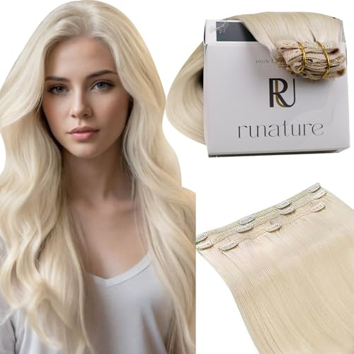 RUNATURE Clip in Extensions Echthaar Weißblond 50cm 3pcs 60g #800 | Clip in Extensions Echthaar – Hitzebeständig, Langlebig. Remy Haar, Geschmeidig, Kein Haarausfall. Traumhaft Voller Look.