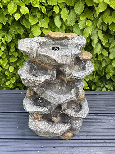 allpondsolutions Rock Waterfall Water Feature x 7 Bowls with LED Lights - Solar Powered Panel 46x32x26cm