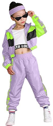 LOLANTA 3 pezzi vestiti hip hop per ragazze, tuta colorblock retrò anni '80, canotta corta, giacca con cerniera, pantaloni jogger, Viola, 11-12 anni, 160