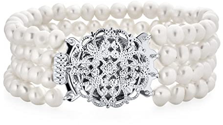 Antike Vintage Art Deco Stil Breite Erklärung Bräutigam Vier Multi Strang Weiß Süßwasser Kultiviert Perle Armband Für Frauen, Hochzeit Silber Vergoldet Messing 7