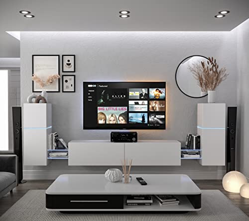 Furnitech Wohnwand Wohnzimmer | Wohnzimmer Möbel mit LED RGB - 16 Farben | Hängend Wohnwand Modern | Wohnzimmer Schrankwand mit Regale und TV Schrank (AN104-21W-M3-1B)