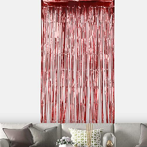 WedDecor 3ft x 6.5ft Red Tinsel Foil Fringe Curtains Glitter Metallic Tinsel Curtains Hanging Streamers for Birthday Party Decoration Wedding Photo Backdrop Christmas Baby Shower, 1 Pack