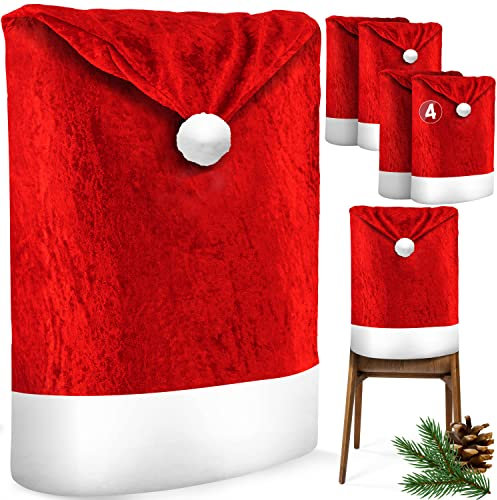 KESSER® Premium Weihnachtsstuhlüberzug 4er Set Stuhlhussen für Weihnachten Nikolausmütze Stuhlbezug Husse Weihnachtsdeko für Stühle Überzieher - Stuhlabdeckung im weihnachtlichen Design