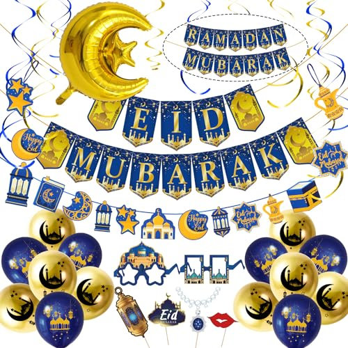 iZoeL Eid Ramadan Mubarak Dekoration Ramadan Mubarak Banner Stern Mond Eid Mubarak Ballons Girlande Fotorequisiten Eid Mubarak Ballon Spirale Deko