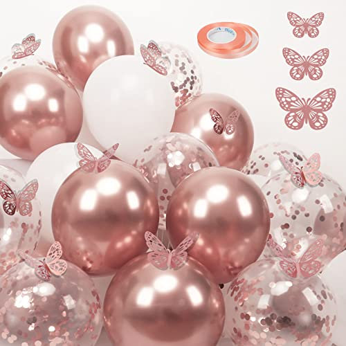 Rose Gold White Balloons and Butterfly Stickers Set, 30 PCS 12 Inch Confetti Balloons, with 12 PCS Rose Gold Butterfly Stickers for Wedding, Birthday, Party Decorations