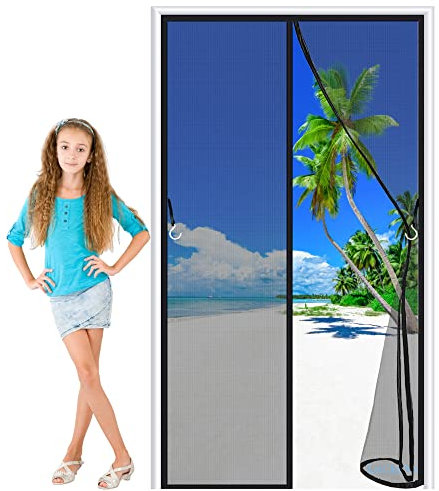 Magnet Fliegengitter Tür Insektenschutz 90x210cm Schwarz Fiberglass Mesh Curtain,Anti Riss verstärktes Oberteil Magnet Fliegengitter Automatisch Verschließen für Terrassentür Balkontür