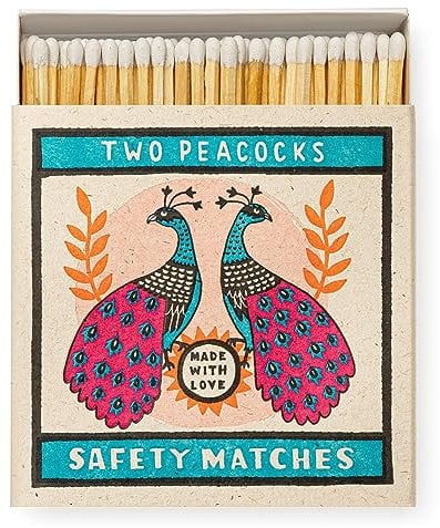 Two Peacocks Long Matches, Colourful Luxury Giant Square Art Matchbox, Large Safety Matchsticks, Fireside Housewarming Gift Retro Art Box