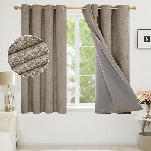 Deconovo Faux Linen Full Blackout Curtains with Coating Back Layer, Energy Saving Thermal Eyelet Curtains for Bedroom, 52 x 63 Inch(Width x Length), Linen, One Pair