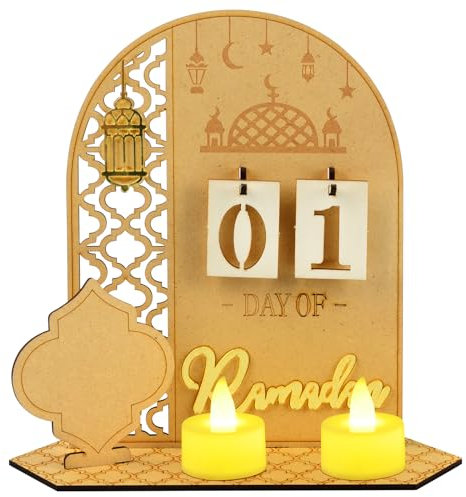 Ramadan Kalender Ramadan Deko Aus Holz, Ramadan Mubarak Dekoration Ramadan Adventskalender,Eid Mubarak Dekoration Ramadankalender mit 2 Stück Teelichter für Ramadan Dekoration Ramazan Geschenke