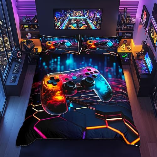 Manfei Video Games Duvet Cover Set Full Size, Geometric Honeycomb Bedding Set 3pcs for Kids Boys Teens, Modern Gamer Gaming Comforter Cover Children Gamepad Quilt Cover with 2 Pillowcases,No Comforter