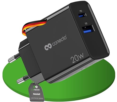 conecto USB-C Ladegerät Netzteil Schnellladegerät Lader 20W PD QC schwarz | 2-Port, Charger Netzstecker mit Ladestromerkennung für Smartphone, Tablet und Laptop, ideal für Zuhause und Reisen