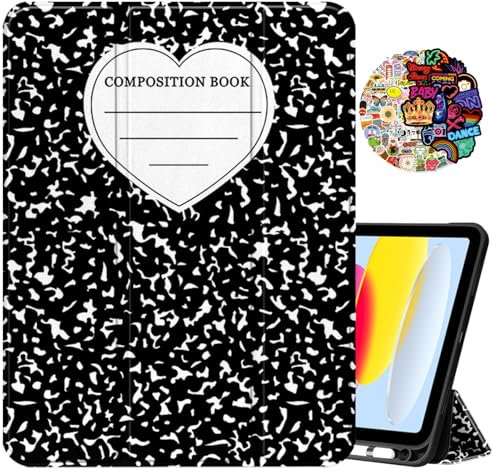Cabreche Compatible with iPad 10th Generation 2022 iPad 10.9 Inch Case with Pencil Holder/Soft TPU Back Case Auto Sleep/Wake Cover for Girls Women Cute Notebook Composition Book-Black Heart