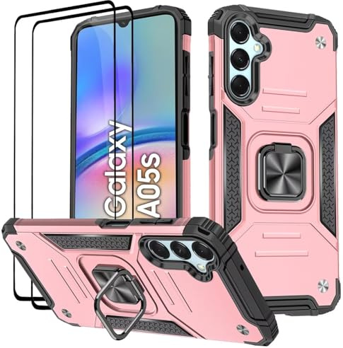 KANSi Coque pour Samsung Galaxy A05S, Verre Trempé [2 Pièces] + Housse TPU Silicone Rotation 360° Aimant Anneau Support Double Défense Protection Etui - Or Rose