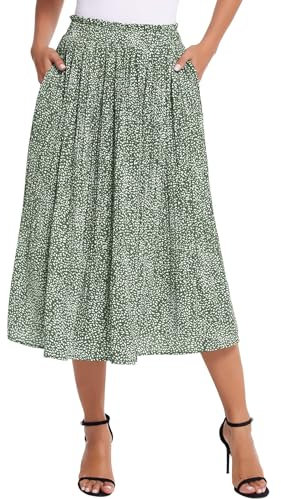 Hotouch Plisseerock Damen Lang Strandrock mit Tasche Sommer Chiffon Rock Elastische Taille Maxirock Elegante Midirock Grün Größe XL