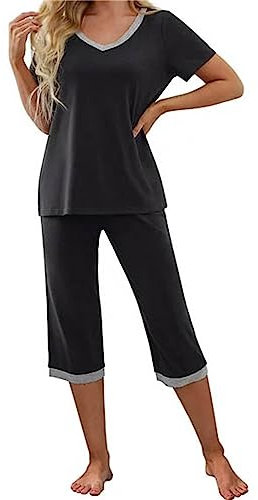 Pyjama Femme Ensemble Pyjama Femme Coton Lingerie avec Haut Manche Courte Et Pantalon Capri 3/4 Grande Taille Pas Cher Sleepwear Idéal pour Printemps-Été Coupe Ample Tenue De Nuit