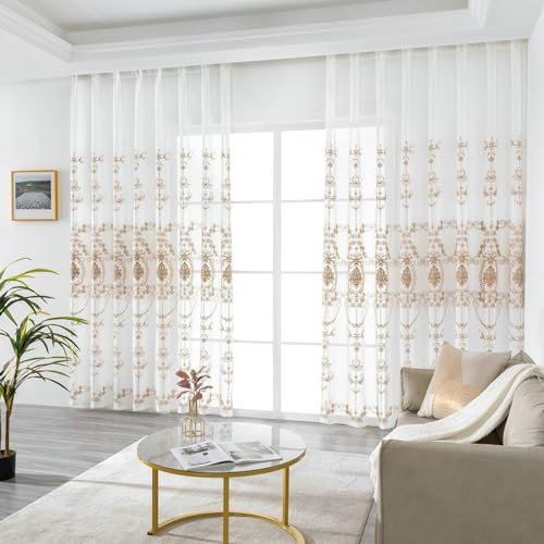Daesar Vorhänge Ösen 2er Set 132x115CM, Vorhänge Lichtdurchlässig Wohnzimmer Nordisch Jacquard mit Weiß Blumen Muster Weiß Gardinen und Vorhänge Fenster