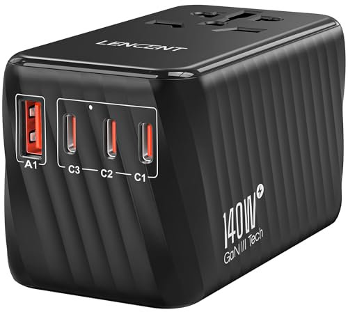 LENCENT Internationaler Reiseadapter, 140W GaN3 Universeller Adapter mit 3 PD3.1 Type C+1 QC USB A, Weltweit Adapter für Handys, All in One Reisestecker für EU/USA/UK/AU Steckdosen, Schwarz