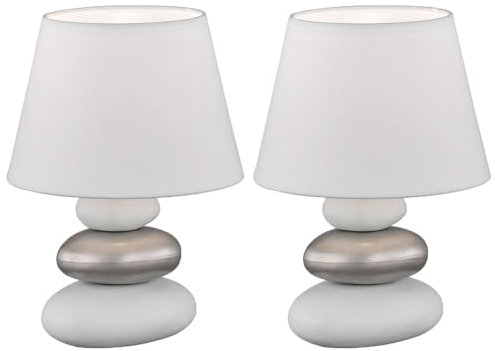 etc-shop Tischlampe weiß silber Keramik Steine Nachttischleuchte Leselampe Schlafzimmerleuchte, Chintz weiß, 1x E14, DxH 17x24 cm, 2er Set