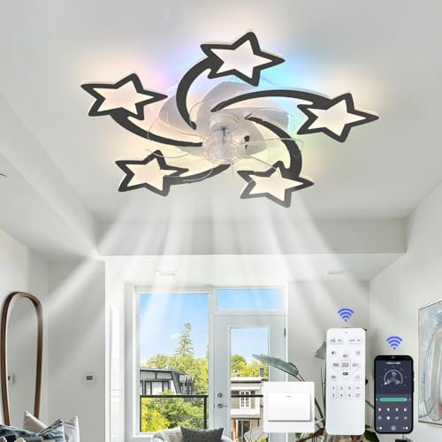 YFHKWJ Bambina Stella Ventilatore Da Soffitto Con Luce E Telecomando APP LED Dimmerabile RGB Lampadario Con Pale Ventilatore 6 Velocità Motore DC Per Cameretta Soggiorno Luce Funzione Memoria-Black