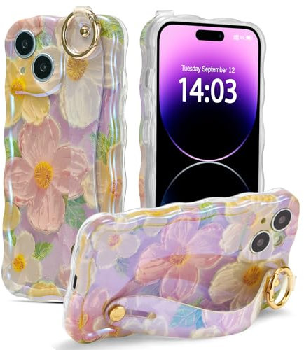EYZUTAK Case with Hand Strap for iPhone 14 Plus/iPhone 15 Plus, Colorful Oil Painting Flower With Wristband Kickstand Laser Curly Wave Edge Case Durable TPU Protective Cover for Women - Pink
