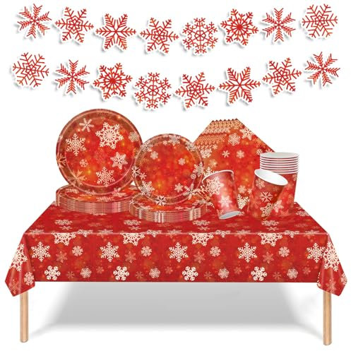 70pcs Christmas Party Tableware Set - Red Snowflower Disposable Plates, Napkins, Cups, Tablecloth and Banner - Xmas Dinnerware and Table Decorations