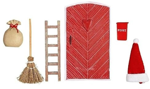 DIY Wichteltür Set mit Zubehör – Skandinavisches Design von Nissedør – Starterset mit Leiter, Besen, Geschenkesack, Nikolausmütze & Postkasten – Weihnachtsdeko aus Polyresin – 17 x 8,5 cm