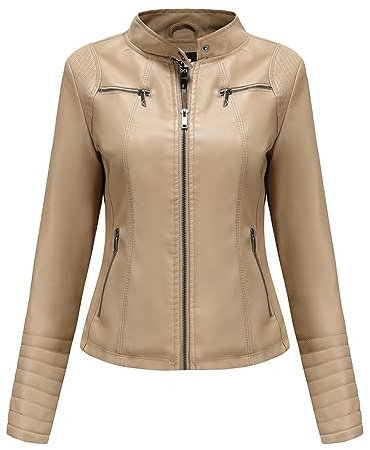 Chaqueta de piel sintética para mujer, chaqueta de motocicleta para mujer, chaqueta corta de motociclista, cuello alto, cremallera, albaricoque, XXL