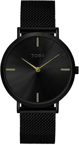 TORII Unisex-Uhr Schwarz Edelstahl - rund Quarz V38VM.BF Milanaise-Armband Strichindizes wasserdicht 50 m