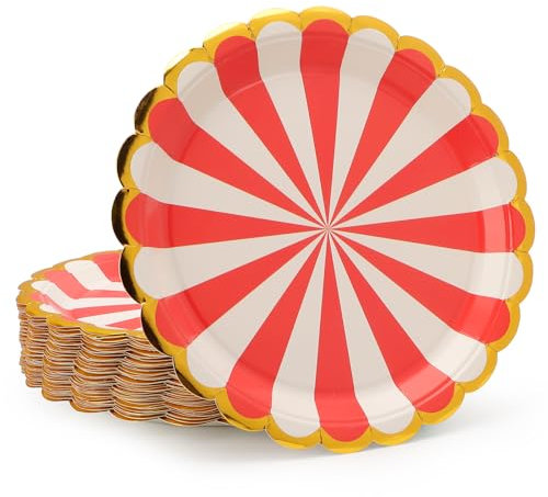 PARTY GO Assiettes en carton de 22,4 cm, 50 pièces, Rouge, Style rayé, Pour dîners et desserts, Occasions spéciales