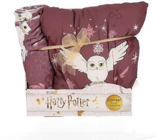 Harry Potter - Coffret Plaid et Coussin Harry Potter Hedwige - Plaid Tout Doux 100x140 cm et Coussin carré 35x35 cm