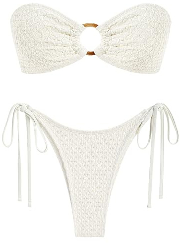 ZAFUL Women's Bandeau Bikini Strapless O Ring Lace Tie Back High Cut Two Piece Swimsuit Bathing Suits (2-Beige, Medium)