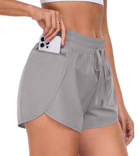 PrinStory Sporthose Damen Kurz Laufshorts 2 In 1 Hohe Taille Sport Shorts Seitenschlitz Kurz Laufhose Mit Handytasche (Hellgrau, L)