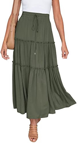 Gonna Pieghe Donna Lunga - Gonna Lunga Donna Estiva Elegante Vita Alta Elastico Vita con Coulisse Gonne Bohemien Sciolto Gonne A Ombrello Fluida in Seta A Trapezio