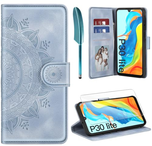 ivencase Lederhülle für Huawei P30 Lite Flip Hülle und Schutzfolie, Premium Klappbar Handyhülle Flip Wallet, [Kartenfach] [PU Leder] [Ständer] Schutzhülle Kompatibel mit Huawei P30 Lite, Himmelblau