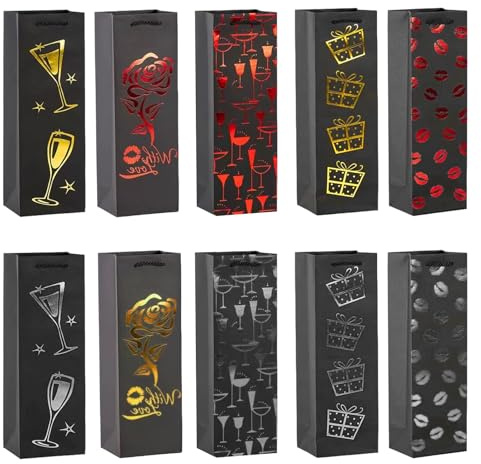 Geschenktüten für Wein, 10 Verschiedene Geschenktüten Weinflaschen Geschenktasche für Wein Prosecco und Champagner, 35 x 11 x 9 cm