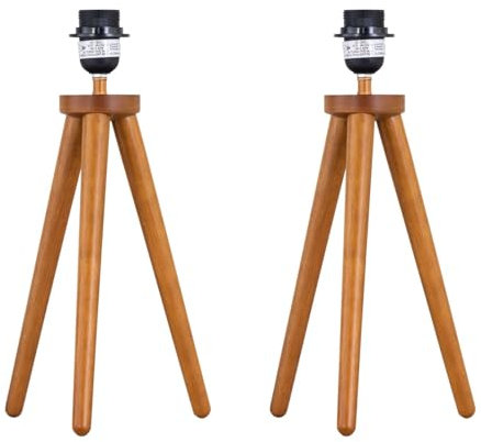 firstchoicelighting Set of 2 Wooden Tripod Table Lamps or Bedside Light Bases Only, Natural Dark Oak, Height 38cm, LED Compatible