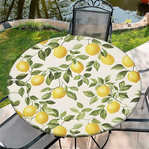 Outdoor Runde Tischdecke mit Gummizug Ø 44in-110cm- Elastisch Garten tischdecke mit Zitrone Muster Passend für 95cm-105cm
