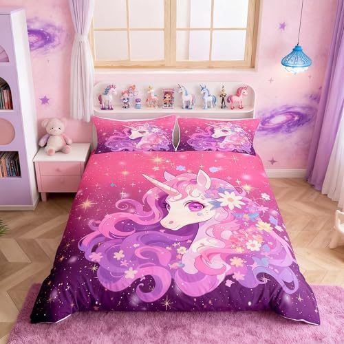 Homemissing Einhorn Bettwäsche Set 150x220cm Mädchen Kinder Mikrofaser Träumiges Pferd für Einhorn Floral Glitter Bettbezug Oeko-Tex Zertifiziert Bettwäsche-Set Lila Pink mit 1 Kissenbezug